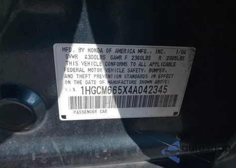 2004 Honda Accord 3.0 Ex z USA, uszkodzony, nr VIN 1HGCM665X4A042345